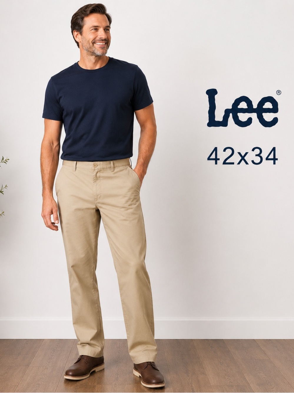 Lee Men’s Khaki minimalist  Chino Pants Size 42x34 Beige Flat Front Straight Leg